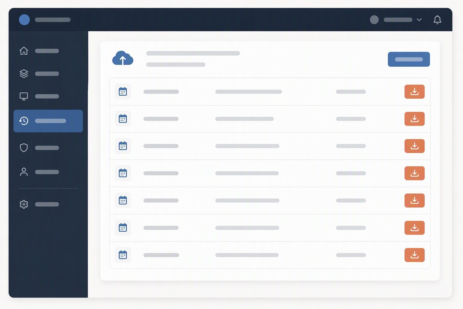 Backup dashboard showing dated daily snapshots of a ClickUp workspace with download buttons